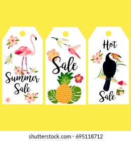 Set of tags with Hawaiian elements, toucan, flamingo and hummingbird