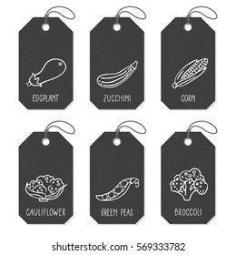 Set of tags or label templates with hand drawn vegetable. Vector design elements for agriculture and food industry