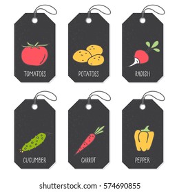Set of tags or label templates with hand drawn vegetable. Vector design elements for agriculture and food industry