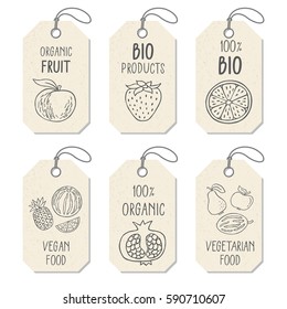 Set of tags or label templates with hand drawn fruit. Vector design elements for agriculture and food industry