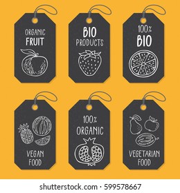 Set of tags or label templates with hand drawn fruit. Vector design elements for agriculture and food industry