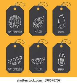 Set of tags or label templates with hand drawn fruit. Vector design elements for agriculture and food industry
