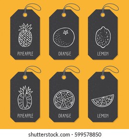 Set of tags or label templates with hand drawn fruit. Vector design elements for agriculture and food industry