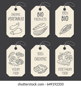 Set of tags or label templates with hand drawn vegetable. Vector design elements for agriculture and food industry