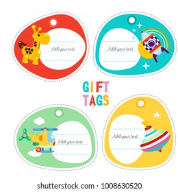 A set of tags, labels. Childrens toys. Giraffe, rocket, helicopter, whirligig.