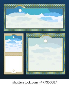 A set of tags or labels with a hole. Background with the image of clouds and decorative frame. Mosaic ornament rectangular shape.