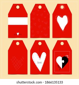 Set of tags and labels, red with hearts for Valentine's Day. Hand drawing, free flat vector illustration. Printable cards templates.
