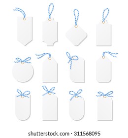 Set tags and labels tied up with blue bakers twine bows and ribbons 