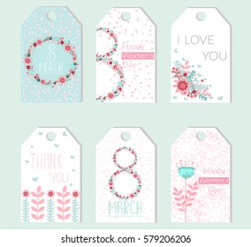 Set of tags and labels.March 8 greeting card.Happy Women's Day! I love you!Floral Greeting card.Vector illustration