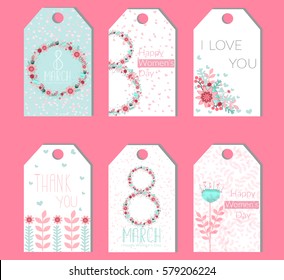 Set of tags and labels.March 8 greeting card.Happy Women's Day! I love you! Floral Greeting card. Vector illustration