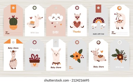 Set of tags with llamas and items. Perfect for baby shops, product packaging