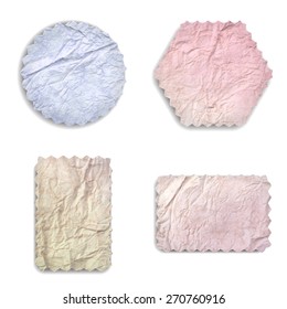 Set of tags made of crumpled paper on white background. Round, hexagon, and triangle labels. Vector design.