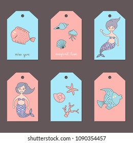 Set of tags with a mermaids and marine animals. Vector illustration.