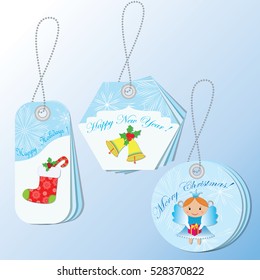 Set tags Merry Christmas and Happy New Year. Beautiful labels of various shapes. It can be used as invitation. Vector illustration.
