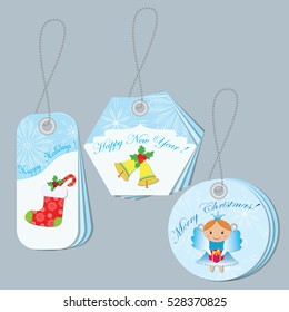 Set tags Merry Christmas and Happy New Year. Beautiful labels of various shapes. It can be used as invitation. Vector illustration.
