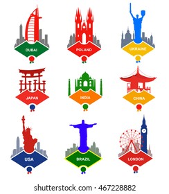 A set of tags with the monuments and buildings from different countries in the flag colors. US, Ukraine, England, Poland, China, India, Japan, Brazil and the United Arab Emirates.