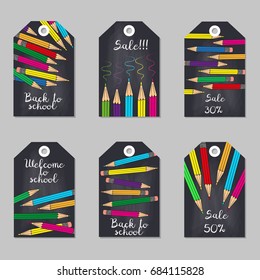 Set of tags with multicolored pencils. Vector illustration.