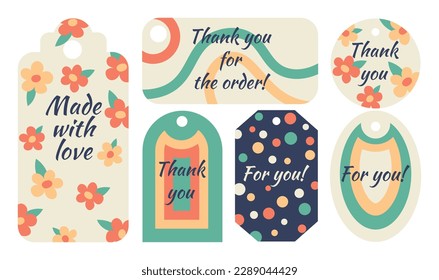 A set of tags for needlework. 6 tags of different shapes with various aesthetic design. The tags say "Thank you for your order", "Made with love", "Thank you", "For you".