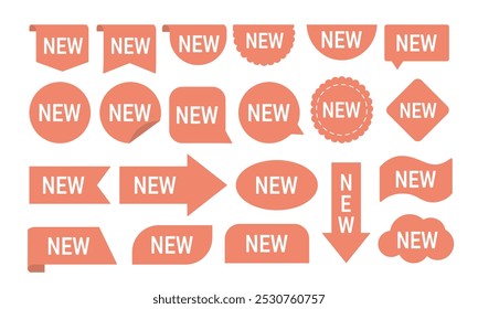 Conjunto de etiquetas nuevas. Redondos, rombos y flechas con inscripción nueva. Publicidad y marketing, promoción de productos en Internet. Colección plana del Vector aislada en el fondo blanco