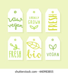 Set of tags for packaging design. Raw, vegan, fresh, bio, locally grown. 
