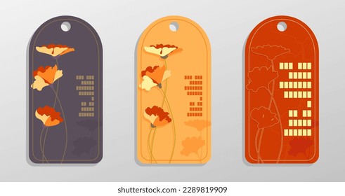 Set of tags with a pattern of poppy flowers. Mockup of badges or price tags with floral ornament and place for text.