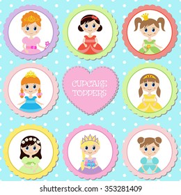 Set of tags with princess theme. Cupcake toppers for Birthday. 