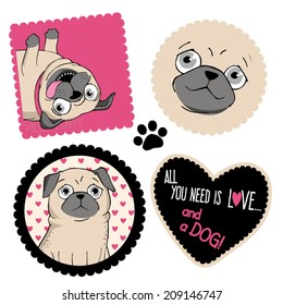 Set of tags with pugs and hearts.