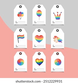 Conjunto de etiquetas con Elementos de diseño de colores del arco iris. Mejor para la decoración de etiquetas de regalo. Decoración de eventos LGBTQ. Mes del orgullo.