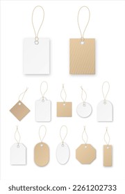 Set of tags or sale vector shopping labels with rope . White paper and brown kraft realistic material. Flat design isolated vector