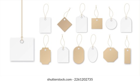 Set of tags or sale vector shopping labels with rope . White paper and brown kraft realistic material. Flat design isolated vector