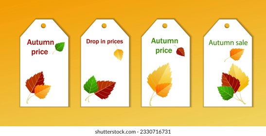 Set of tags for shops and supermarkets, for goods, the concept of autumn discounts, price fall, autumn leaf fall. Set of sale tags and labels, template shopping labels. Price tags on paper