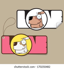 Set of tags and sticker with funny cartoon doggy. Vector illustration.