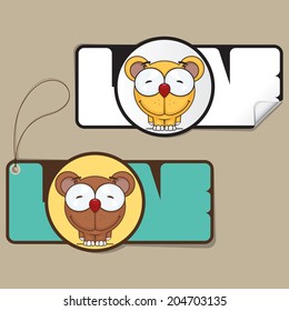 Set of tags and sticker with funny cartoon bear. Vector illustration.