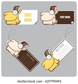 Set of tags and sticker with funny cartoon goat. Vector illustration.