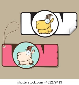 Set of tags and sticker with funny cartoon goat. Vector illustration.