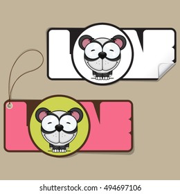 Set of tags and sticker with funny cartoon panda. Vector illustration.