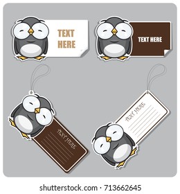 Set of tags and sticker with funny cartoon penguin. Vector illustration.