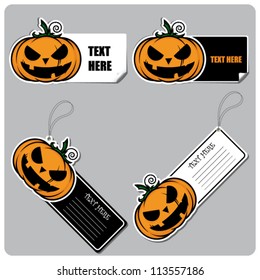 Set of tags and stickers with cartoon halloween pumpkin. Vector.
