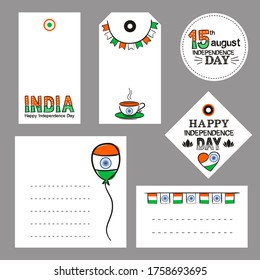 Set of tags and stickers for Indian Independence Day. Labels with hand-drawn elements by August 15th in the national colors of India. Vector illustration for posters, cards and banners.