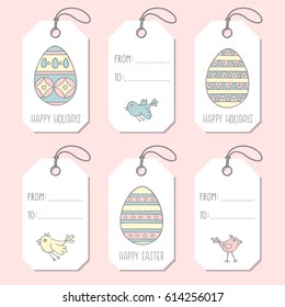 Set of tags templates with hand drawn Easter eggs. Colorful vector design elements for holidays card or label in doodle style