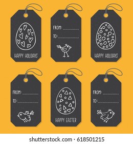Set of tags templates with hand drawn Easter eggs on black background. Vector design elements for holidays card or label in doodle style