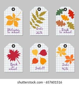 Set of tags with tree leaves. School background. Vector illustration.