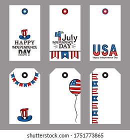 Set of tags for USA Independence Day. Labels with hand-drawn elements by July 4th in the national colors of the United States of America. Vector illustration 