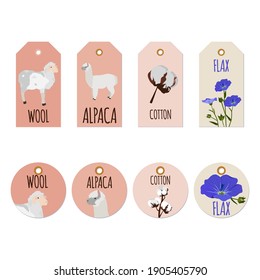 Set of tags for yarn, linen, cotton, wool, handmade. Tags on a white isolated background. Vector illustration.