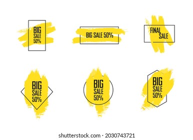 A set of tags with yellow brush strokes with geometric shapes to advertise a big sale. Presentation of vector hand-drawn elements for labels, stickers, badges. Splashes isolated on white background