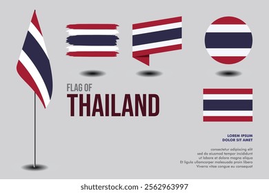 Set of Tahiland flag in 5 designs: flag on pole, brush stroke, skew, round and standard. vector, flat, isolated on grey background