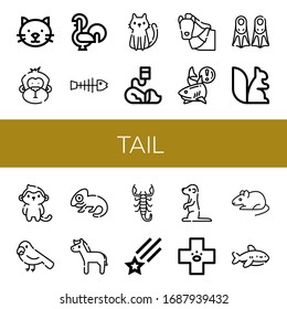 Set of tail icons. Such as Cat, Monkey, Rooster, Fishbone, Veterinary, Horse, Shark, Fins, Squirrel, Parrot, Chameleon, Scorpion, Shooting star, Meerkat, Rat , tail icons