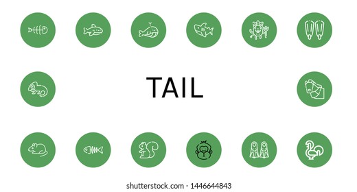 Set of tail icons such as Fishbone, Shark, Whale, Devil, Fins, Rat, Fish bone, Squirrel, Monkey, Rooster, Chameleon, Horse , tail