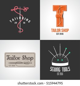 Set of tailor, atelier vector logo, icon, symbol, emblem, sign. Template graphic design elements for sewing service, tailoring shop. Hand made concept image