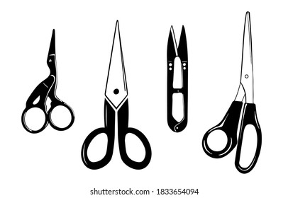 Set of tailor and embroidery scissors. Crane Small Scissors, snipper, fabric scissors isolated on white background. Vector silhouette.